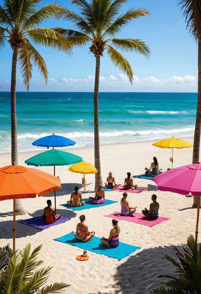 A tranquil beach scene with diverse individuals in colorful beachwear, showcasing various styles and patterns, engaged in joyful activities like yoga, playing beach volleyball, and relaxing under umbrellas. Include elements of nature such as palm trees and soft waves in the background to symbolize a serene environment that enhances psychological wellness. The overall atmosphere should radiate positivity and connection among people. vibrant colors. super-realistic.