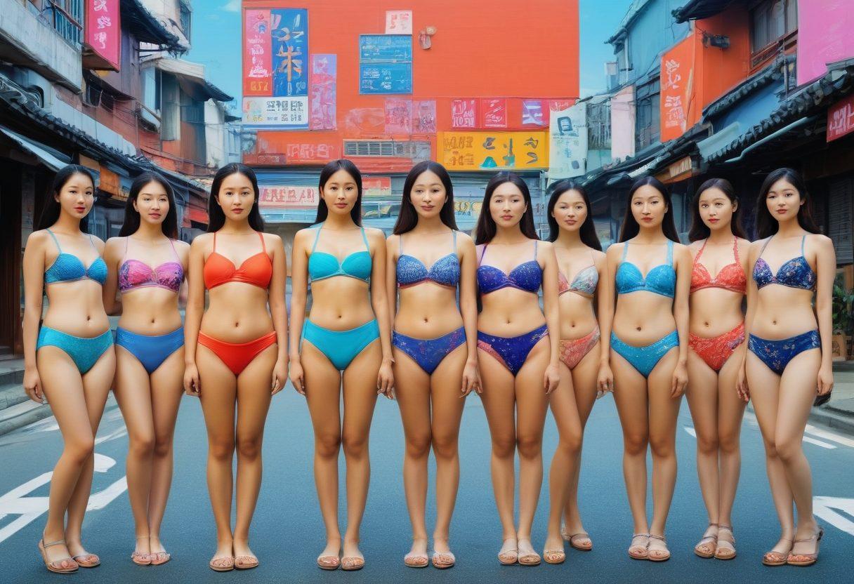 A thought-provoking collage showcasing a diverse group of South Korean women of various ages and sizes, each wearing different styles of bikinis, reflecting on their identities. The background features vibrant street scenes of Seoul, integrating cultural elements like traditional hanbok patterns subtly blended into the bikini designs. The overall atmosphere is introspective, inviting viewers to ponder societal trends and personal expression. soft pastels contrasted with bold colors. painting.